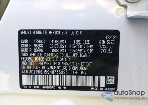 2022 Honda Hr-V Awd Ex from USA, damaged, VIN 3CZRU6H59NM735993